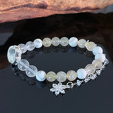 Handcrafted Natural White Crystal & Rutilated Quartz Beaded Bracelet — Adorned with White Turquoise and Crystal Flower Charms — Healing Energy Jewelry