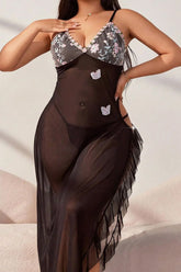 Large Size Split-slit Suspender Dress Semi-see-through Pajamas Long Lace Dress Set