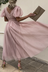 Fashion Solid Patchwork V Neck Mesh Dress Dresses