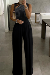 Patchwork Hot Drill Halter Straight Jumpsuits