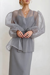 Elegant Solid Frenulum See-through V Neck Tops