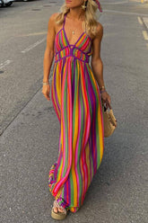 Vacation Striped Contrast V Neck Dresses