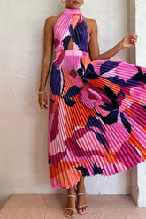 Vacation Gradual Change Print Fold Contrast Halter Sleeveless Dress Dresses