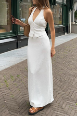 Celebrities Solid Backless Halter Sleeveless Two Pieces