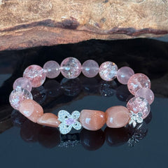 Pink Strawberry Quartz and Rose Crystal Bracelet – Handmade Gemstone Elastic Bracelet