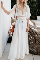 Vacation Solid Lace Hollowed Out Swimwears Cover Up