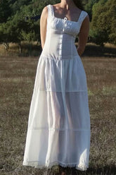 Vacation Solid Buckle Fold Square Collar Waist Skirt Dresses