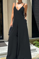 Simplicity Solid Pocket V Neck Loose Jumpsuits