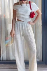 Solid Fold Off the Shoulder Short Sleeve Two Pieces