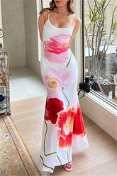 Casual Print Backless Spaghetti Strap Long Dresses