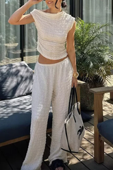 Solid Fold Off the Shoulder Short Sleeve Two Pieces