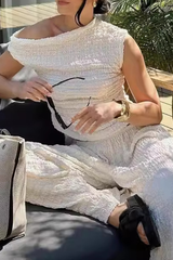 Solid Fold Off the Shoulder Short Sleeve Two Pieces