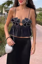 Solid Color Appliques Hot Drill V Neck Tops