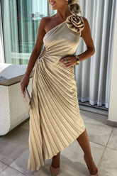 Solid Color Appliques Ruched Irregular Oblique Collar Pleated Dresses(5 Colors)