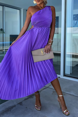 Solid Color Irregular Pleated Oblique Collar Fishtail Dresses