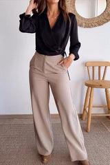 Pocket Buttons V Neck Long Sleeve Two Pieces