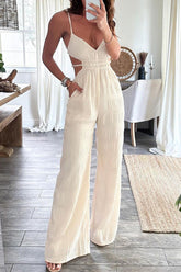 Solid Color Backless Texture V Neck Jumpsuits