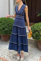 Elegant Solid Color Fringed Trim Patchwork V Neck Sleeveless Dresses