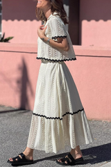Daily Elegant Solid Color Hollow Out Patchwork Contrast Turndown Collar Short Sleeve Two Pieces