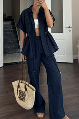 Draw String Pocket Turndown Collar Short Sleeve Two Pieces(3 Colors)