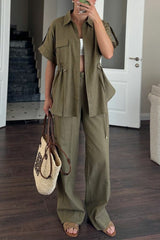 Draw String Pocket Turndown Collar Short Sleeve Two Pieces(3 Colors)