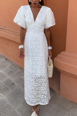 Elegant Solid Color Embroidered V Neck A Line Short Sleeve Dress