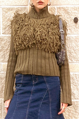 Casual Solid Color Fringed Trim Zipper Turtleneck Sweaters