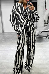 Casual Zebra Print Lace Up Contrast Turndown Collar Long Sleeve Two Pieces