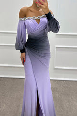 Prom Gradient Print Slit Ruched Contrast Off Shoulder Long Dresses(7 Colors)