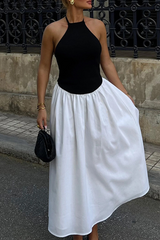 Pocket Lace Up Contrast Halter Sleeveless Dresses