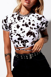 Geometric Print Animal Print Lace Up Backless Contrast Half A Turtleneck T-Shirts(7 Colors)