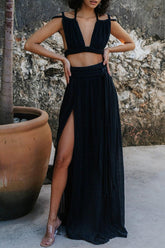 Vacation Backless Slit Strap Design V Neck Sleeveless Two Pieces(Adjustable rope)