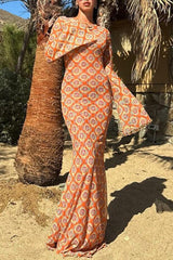 Elegant Print Patchwork Backless O Neck Long Dresses