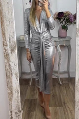 Bronzing Pattern Ruched V Neck Wrapped Skirt Dresses(3 Colors)