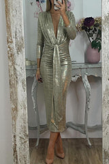 Bronzing Pattern Ruched V Neck Wrapped Skirt Dresses(3 Colors)