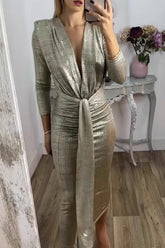 Bronzing Pattern Ruched V Neck Wrapped Skirt Dresses(3 Colors)