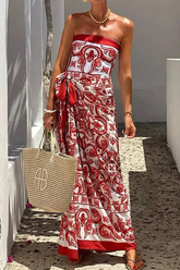 Vacation Floral Print Lace Up Strapless Sleeveless Two Pieces