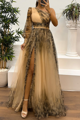 Prom Floral Print Slit Mesh Flower Shape Sloping Shoulder Evening Dresses(6 Colors)