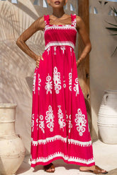 Vacation Geometric Print Pocket Stringy Selvedge Square Neck Long Dresses(3 Colors)