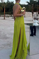 Backless Slit Pleated Halter Sleeveless Two Pieces