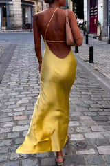 Solid Color Backless Slit Sloping Shoulder Long Dresses