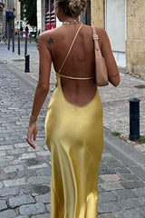 Solid Color Backless Slit Sloping Shoulder Long Dresses