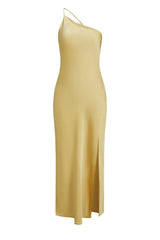 Solid Color Backless Slit Sloping Shoulder Long Dresses