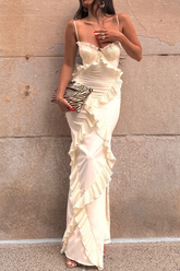 Solid Color Patchwork Ruffle V Neck Sling Dresses
