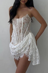 Solid Color Lace Ruched Irregular U Neck Lace Dress Dresses