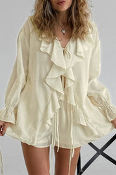 Casual Solid Color Lace Up Flounce V Neck Long Sleeve Two Pieces