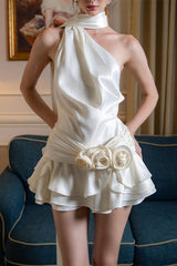 Backless Flounce Flower Shape Halter A Line Dresses