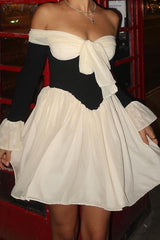 Backless Contrast Off Shoulder Waist Skirt Dresses