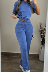 Casual Solid Color Pocket Hooded Short Sleeve Two Pieces