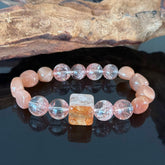 Handcrafted Rose Quartz & Strawberry Quartz Bracelet — Healing Love Energy Beaded Stretch Bracelet Featuring a Center Stone